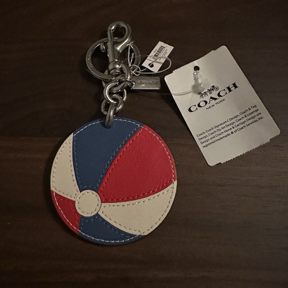 NEW COACH Smooth Leather Beach Ball Bag Charm Key Fob Red/White/Blue